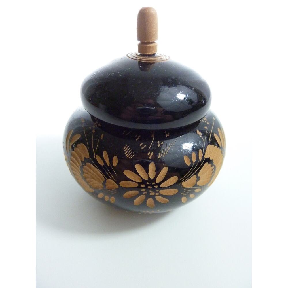 Vintage Trinket Box with Lid Floral Hand Carved Etched Wood Round Lacquered